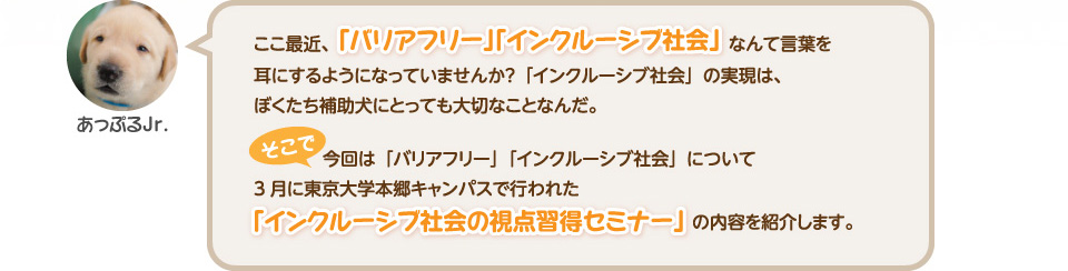 ここ最近、「バリアフリー」「インクルーシブ社会」なんて言葉を耳にするようになっていませんか？「インクルーシブ社会」の実現は、ぼくたち補助犬にとっても大切なことなんだ。そこで今回は「バリアフリー」「インクルーシブ社会」について3月に東京大学本郷キャンパスで行われた「インクルーシブ社会の視点習得セミナー」の内容を紹介します。