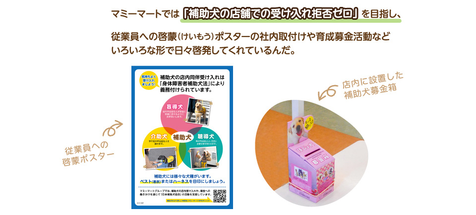 マミーマートでは「補助犬の店舗での受け入れ拒否ゼロ」を目指し、従業員への啓蒙（けいもう）ポスターの社内取付けや育成募金活動などいろいろな形で日々啓発してくれているんだ。