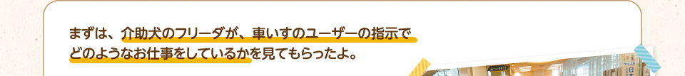 まずは、介助犬のフリーダが、車いすのユーザーの指示でどのようなお仕事をしているかを見てもらったよ。